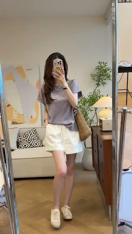 2025休闲套装女夏季炸街减龄小个子正肩短袖宽松显瘦短裤两件套女