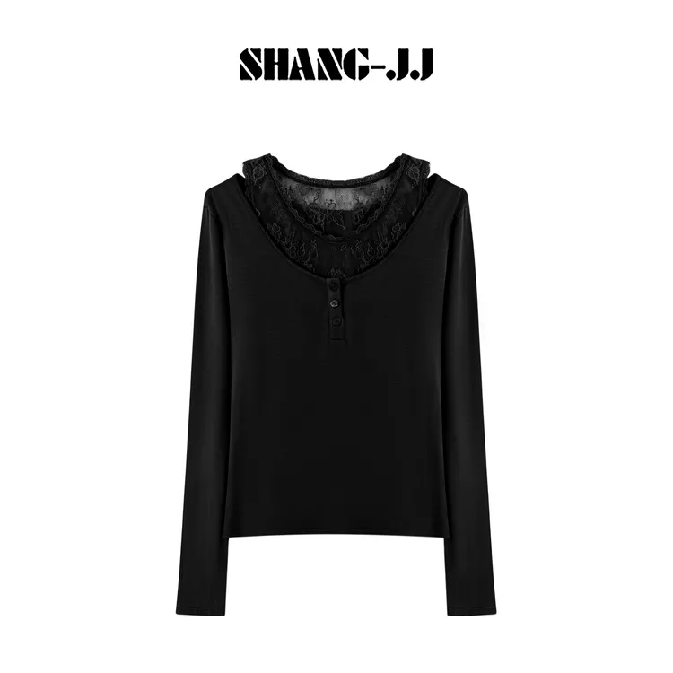 SHANG-JJ【叠穿蕾丝】25ss新品莱赛尔层次拼接真两件上衣q134094p