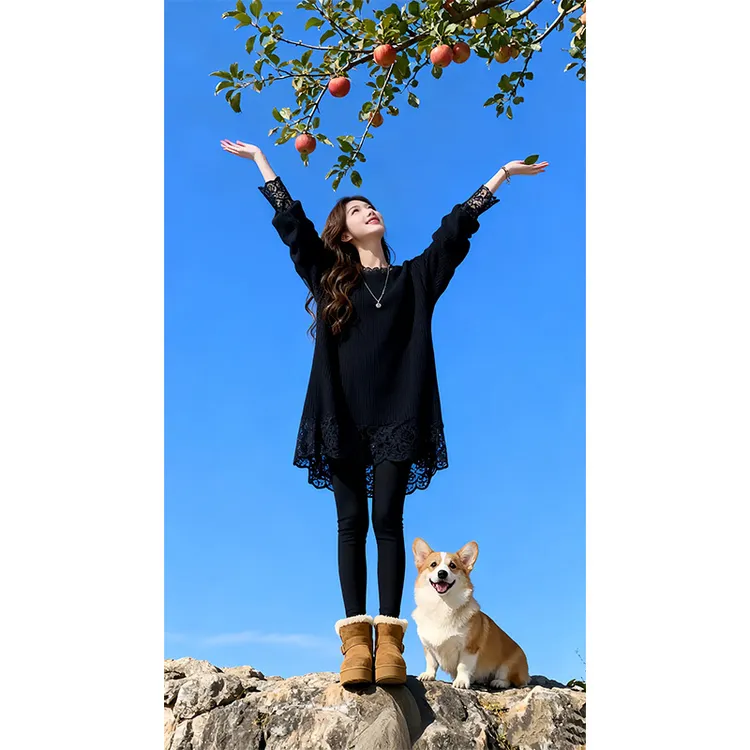 大码女装黑色蕾丝假两件毛衣针织衫秋冬新款宽松中长款打底衫上衣