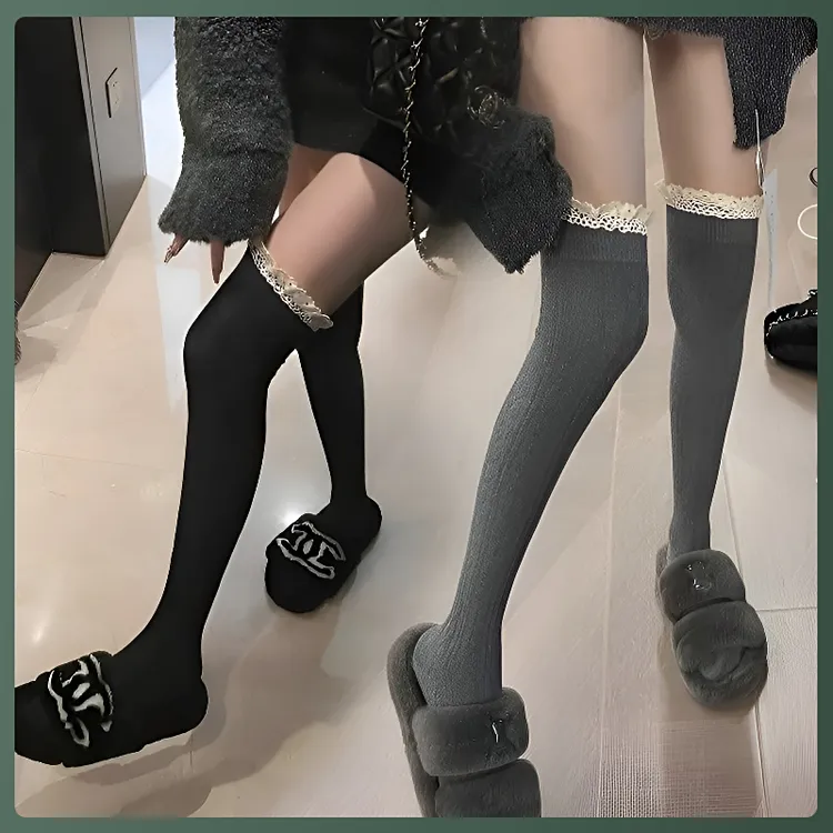 ins灰色长筒袜女秋冬日系JK黑色小腿袜过膝袜蕾丝高筒袜学生
