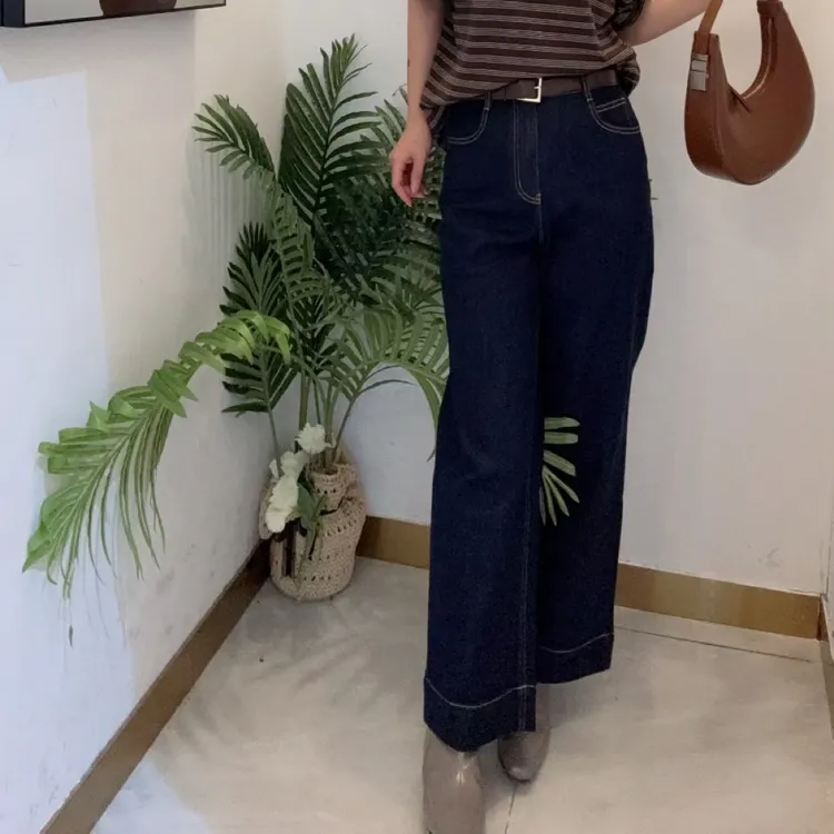 秋季高腰丹宁蓝九分直筒牛仔裤女款复古时尚宽松显瘦百搭