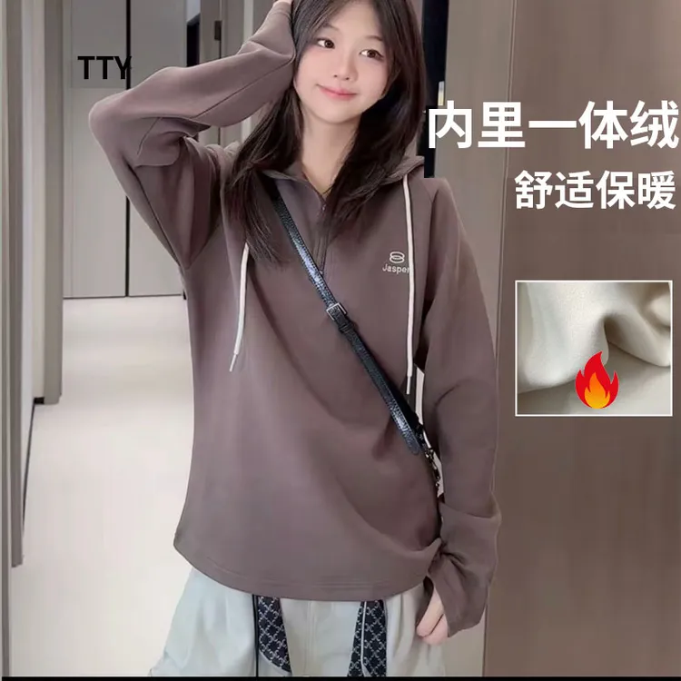 TTY 加绒儿童冬季2025美式简约修身显瘦日常半拉链连帽卫衣278142