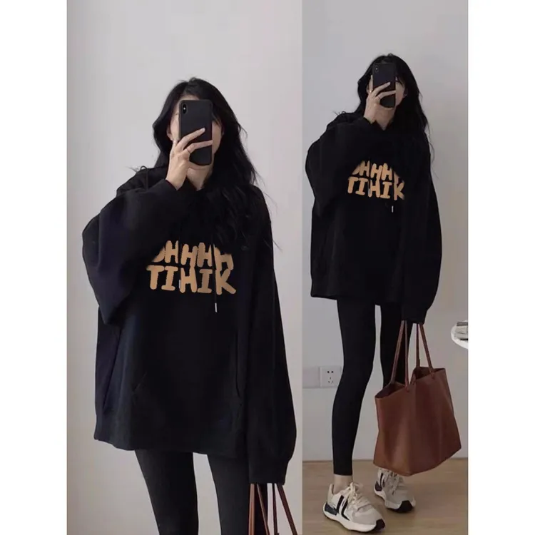 黑色连帽卫衣女秋冬加绒加厚印花宽松慵懒中长款休闲运动上衣批发