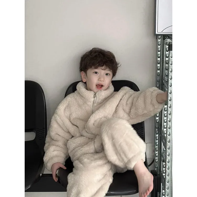 MN848冬新款家居服韩版纯色休闲宽松双面北极绒保暖睡衣儿童套