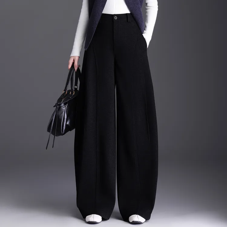 时尚美式高腰弯刀裤女秋冬2025新款垂感毛呢阔腿裤遮跨显瘦休闲裤