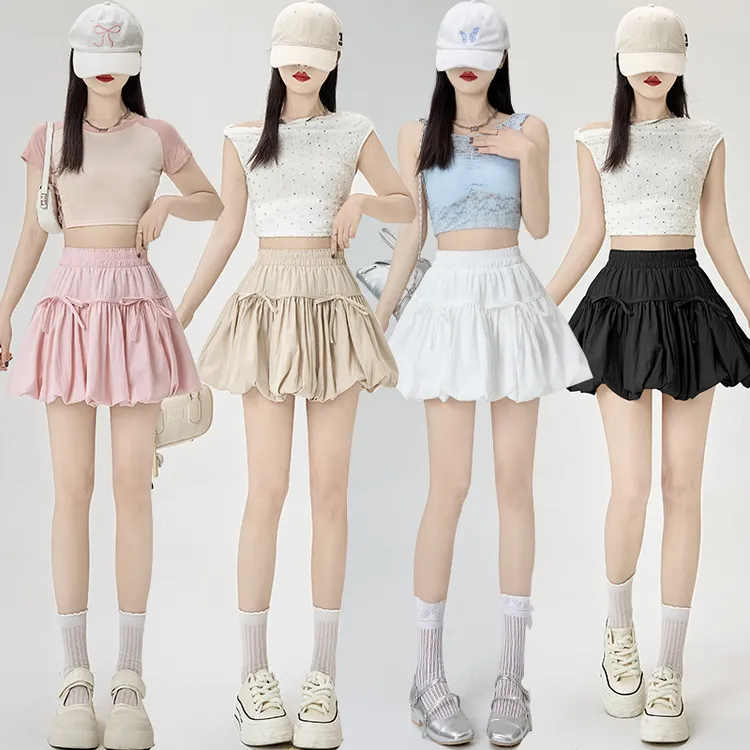 2025春夏新款休闲纯色百搭防走光花苞裙松紧高腰百搭a字短裙子女