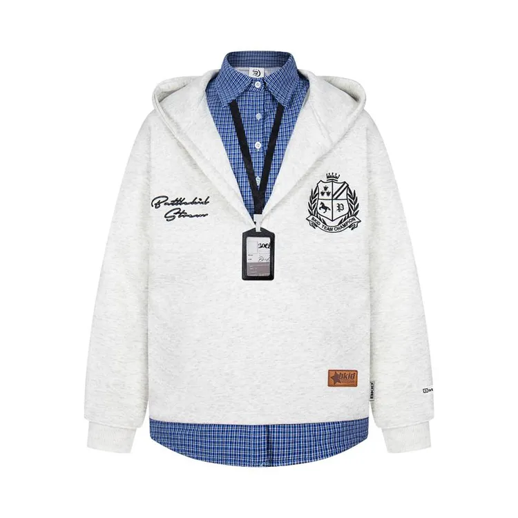 美式复古慵懒风格子拼接假两件连帽卫衣秋季新款设计宽松休闲上衣