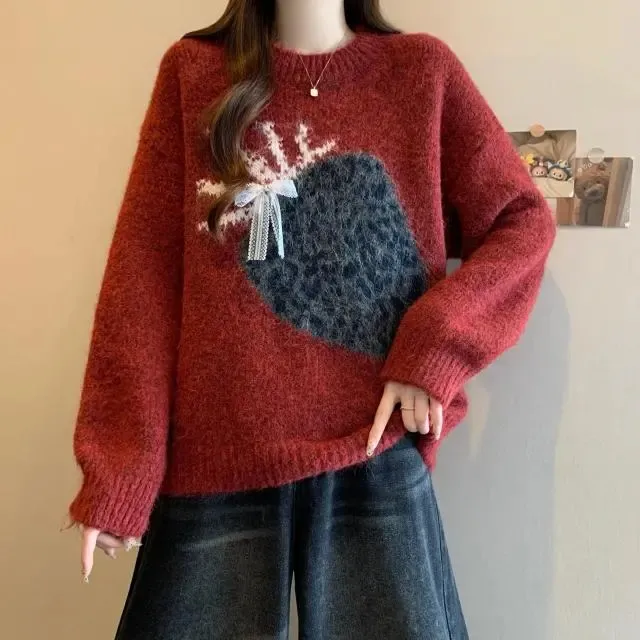 秋冬2025新款韩系复古豹纹草莓圆领毛衣时尚洋气慵懒风针织衫女