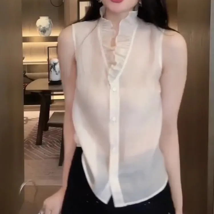 【万搭打底】设计感木耳边V领衬衫女秋冬新款内搭百搭气质纯色上衣