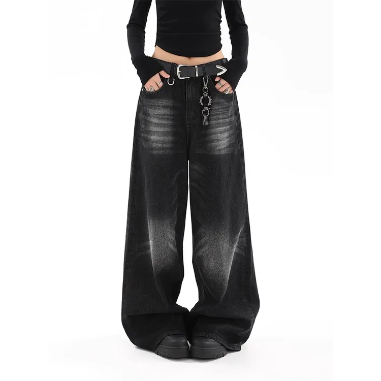 美式复古水洗做旧黑色直筒牛仔裤女夏季新款休闲宽松垂感阔腿长裤