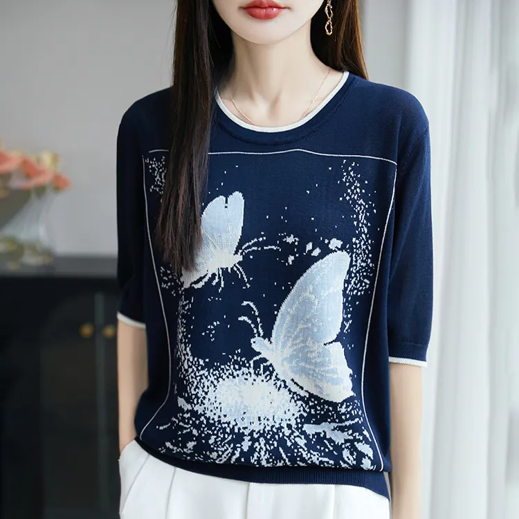 哥弟阿玛施官方新款莱赛尔天丝星空蝶影针织衫时尚百搭短袖上衣女