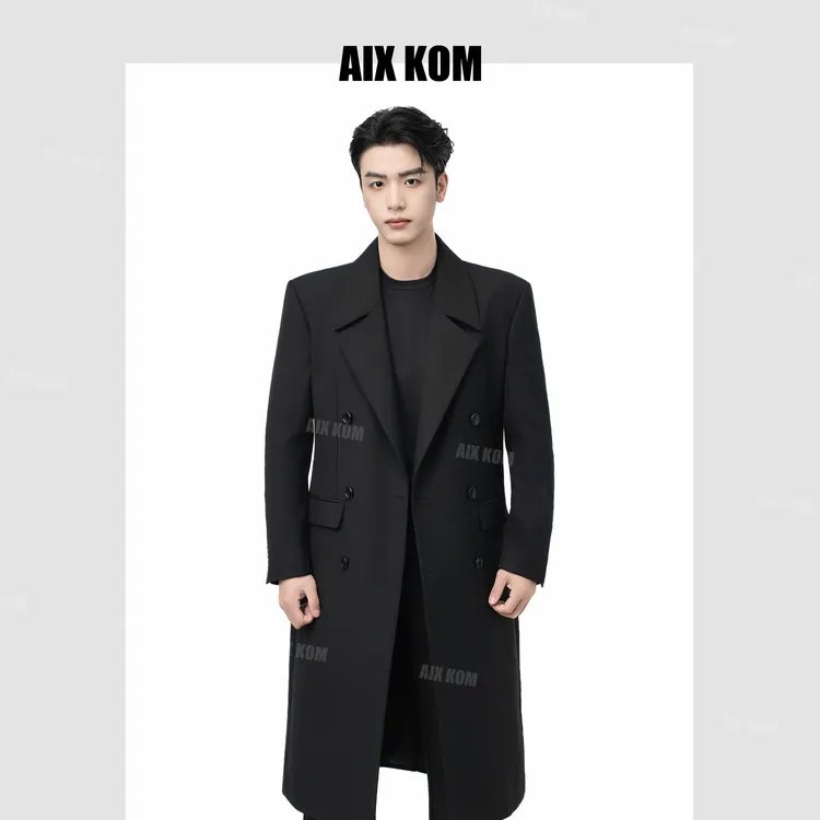 AIX KOM｜2025简约秋冬中长款风衣黑色西装领青春流行男士长款