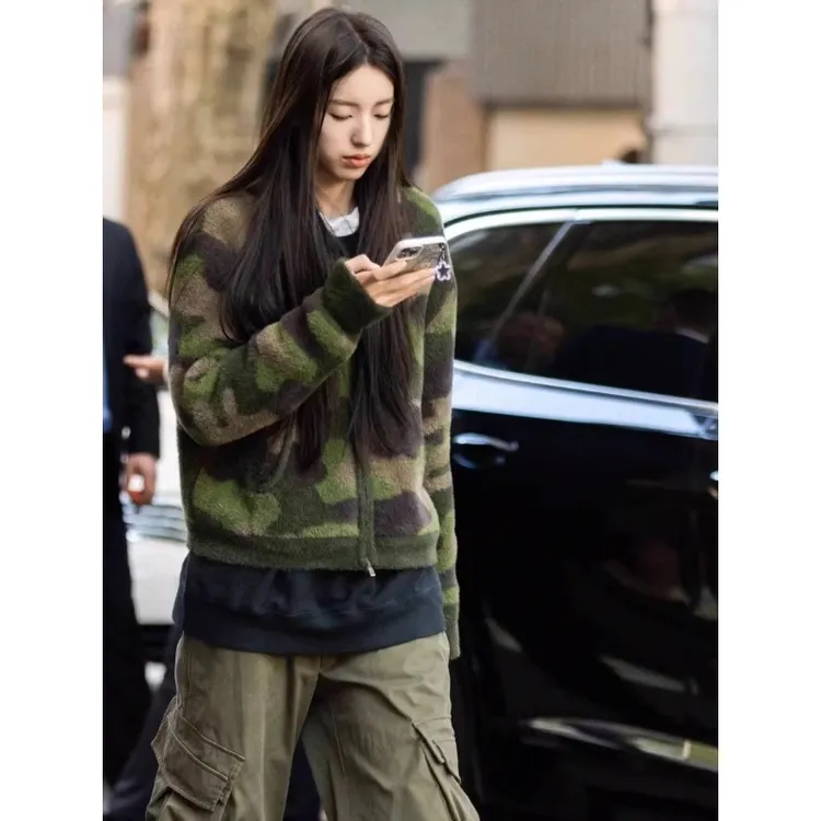 美式复古秋季迷彩百搭毛衣外套女慵懒风软糯上衣高级感针织开衫潮