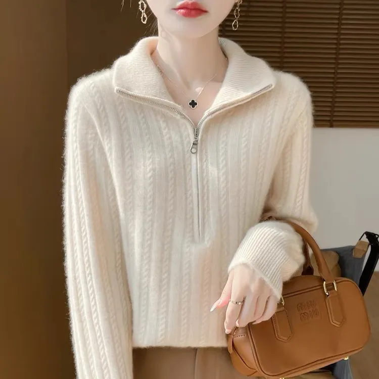 鄂尔都市牧王羊绒衫女翻领半拉链加厚款针织宽松毛衣秋冬上衣新款