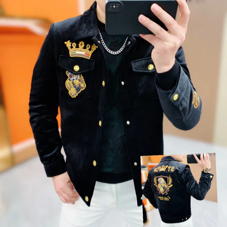 阿凯严选-欧货秋冬新款男士爆款加棉刺绣翻领时尚修身夹克外套