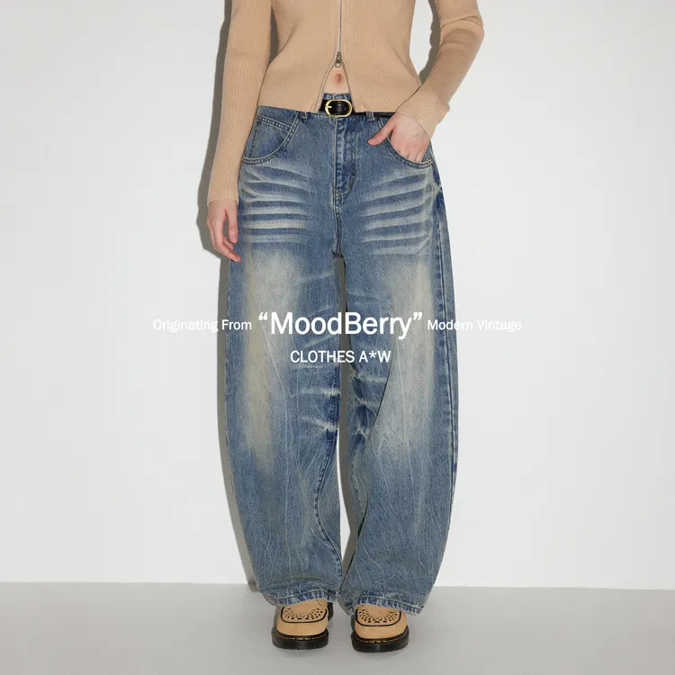MoodBerry 美式复古水洗弯刀低腰牛仔裤女秋冬慵懒宽松直筒阔腿裤