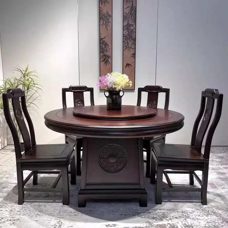 家用古典乌金木色全实木榫卯餐桌餐厅吃饭桌圆桌新款圆形餐桌