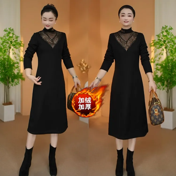 【衣雅严选】8080-1153#新款加绒加厚烫钻显瘦长袖保暖气质连衣裙
