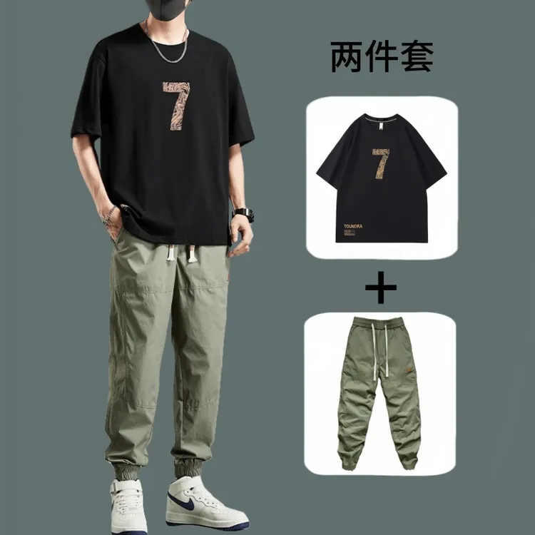 重磅纯棉短袖男生套装轻奢风圆领T恤潮牌t恤男搭配休闲裤两件套