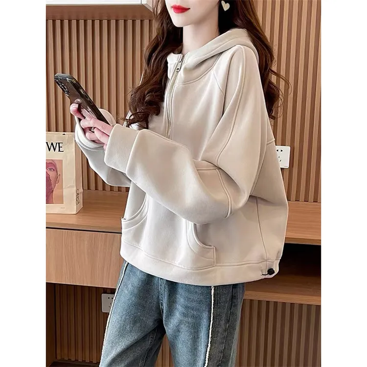 半拉链连帽卫衣女2024春季新款纯色宽松大码设计感外套慵懒风上衣