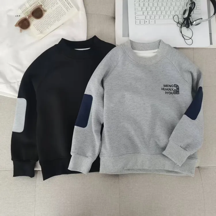 薄款华夫格假两件卫衣休闲加厚秋冬男童加绒男