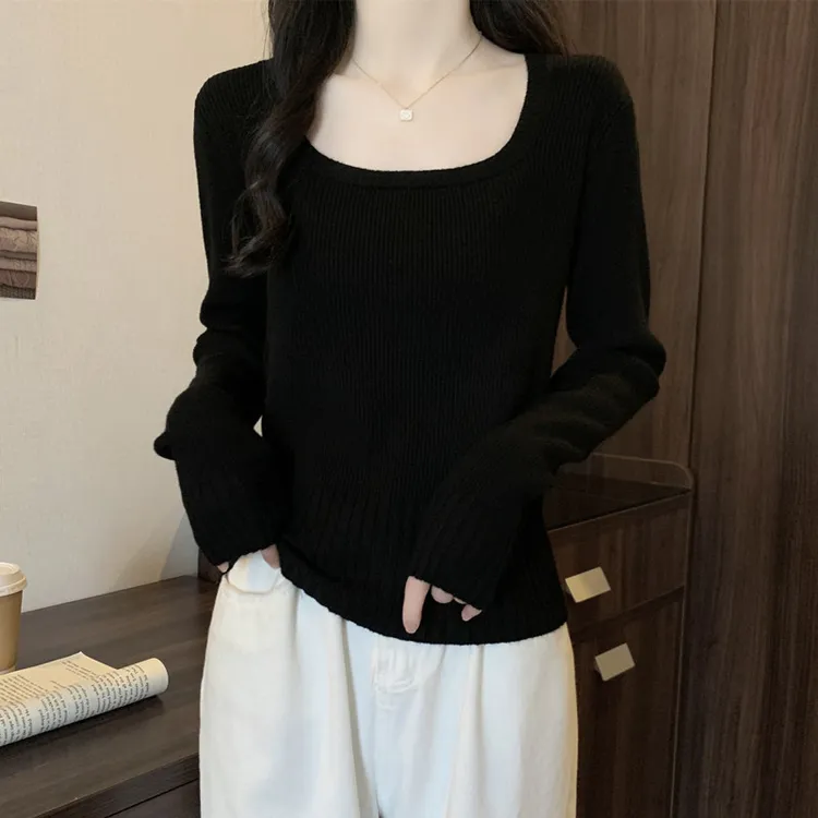实拍 胖妹妹大码女装早秋装新款方领显瘦打底衫正肩针织长袖上衣