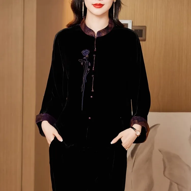 单件桑蚕丝绒开衫立领时尚套装时尚上衣中国风香云纱拼接真丝休闲