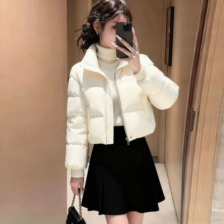 2025新款短款白色棉袄女立领拉链显瘦保暖外套小个子羽绒棉服轻便