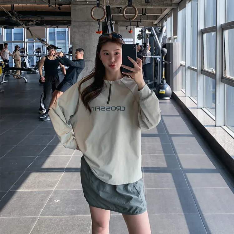 撞色显瘦宽松大码胖mm女健身服瑜伽服上衣速干衣跑步训练外套罩衫