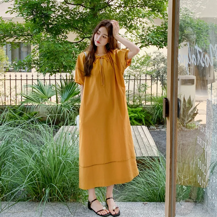 法式简约连衣裙夏季女2025新款优雅气质度假风纯色氛围感系带裙子