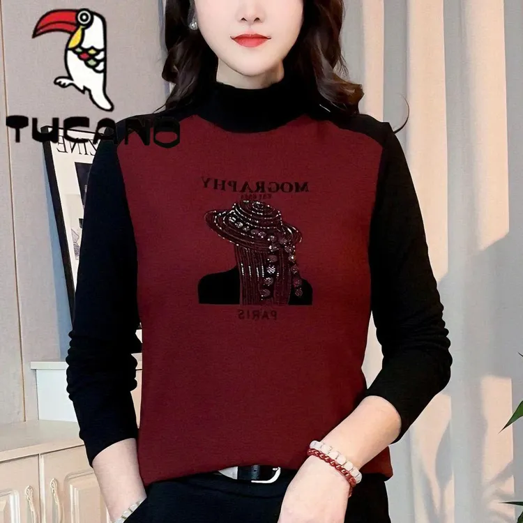 啄木鸟2025早秋季新款插肩长袖t恤女别致减龄半高领德绒打底衫