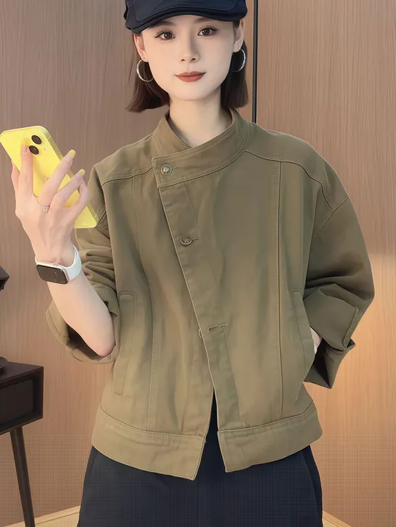 2025韩版秋季新款宽松复古立领牛仔工装外套夹克上衣港风减龄女装