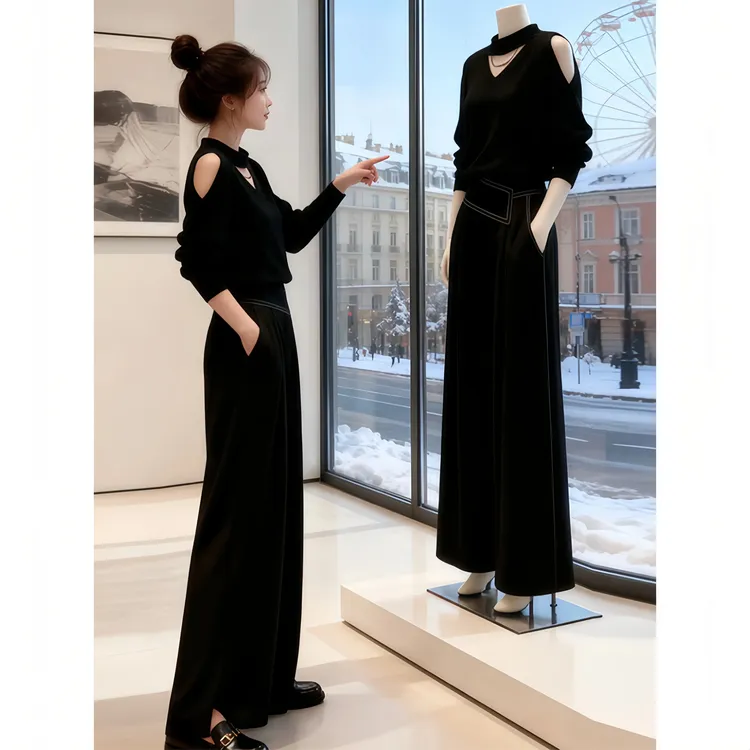 2025秋冬季新款百搭镂空漏肩针织上衣洋气高腰阔腿长裤时尚套装女