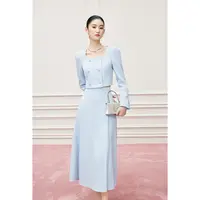 MandyZhang千金风方领海风蓝外套A字女秋季泡泡袖上衣