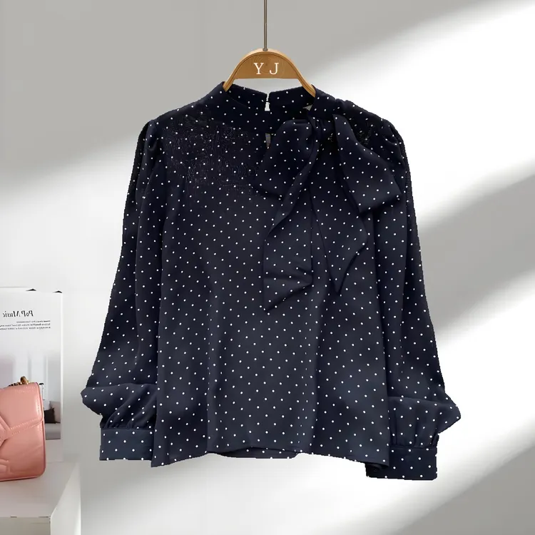 法式轻熟风蝴蝶结系带长袖波点衬衫2025秋季百搭别致上衣品质女装