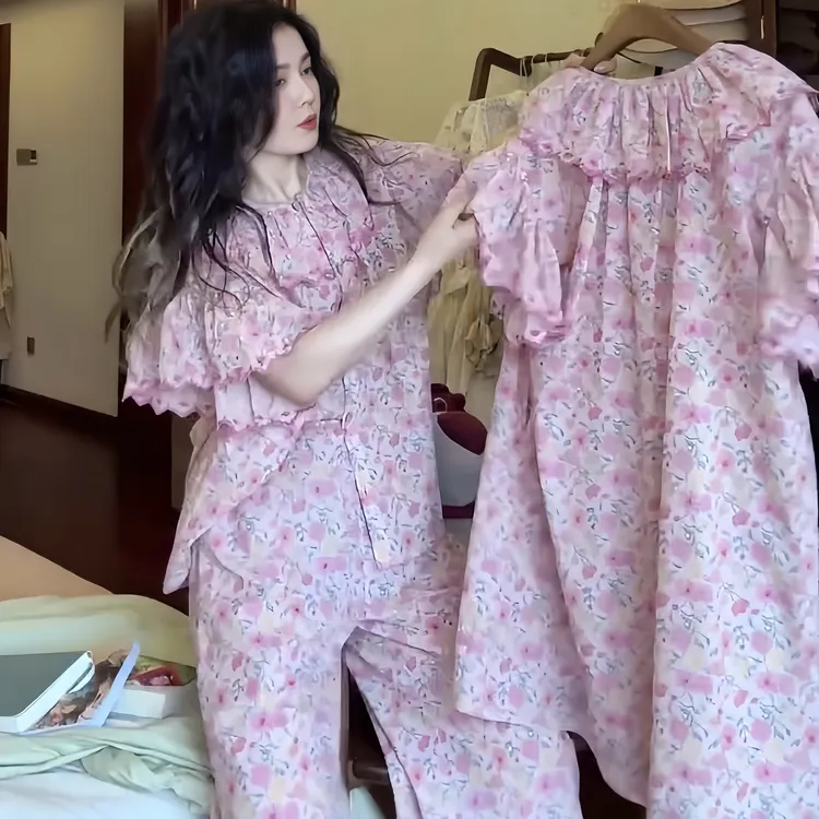 夏季新款短袖长裤薄款碎花开衫睡衣女士休闲可外穿宽松大码家居服