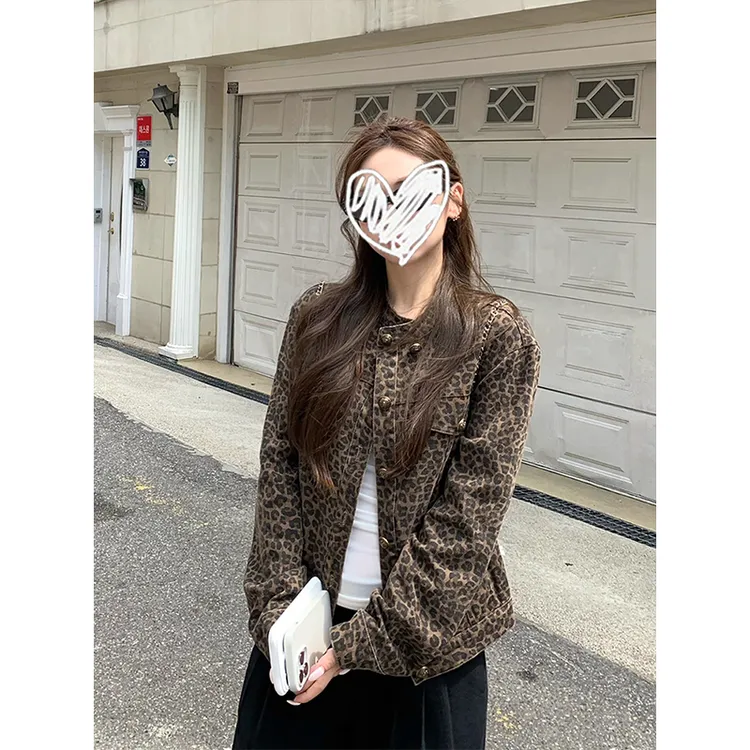 美式复古立领做旧豹纹牛仔外套女2025秋季新款设计感短款夹克上衣
