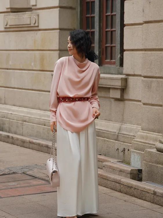 爱妃原创【绉胭】粉色舒适春秋夏修身型优雅衬衫袖衬衫极简风86748