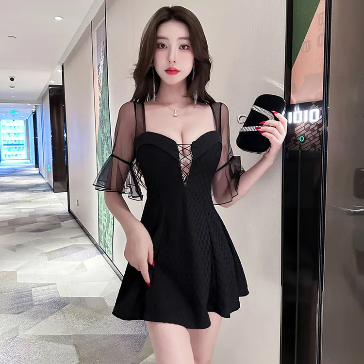 夏季新款夜场女装足浴显瘦桑拿技师工作服气质遮肚显露背连衣裙S