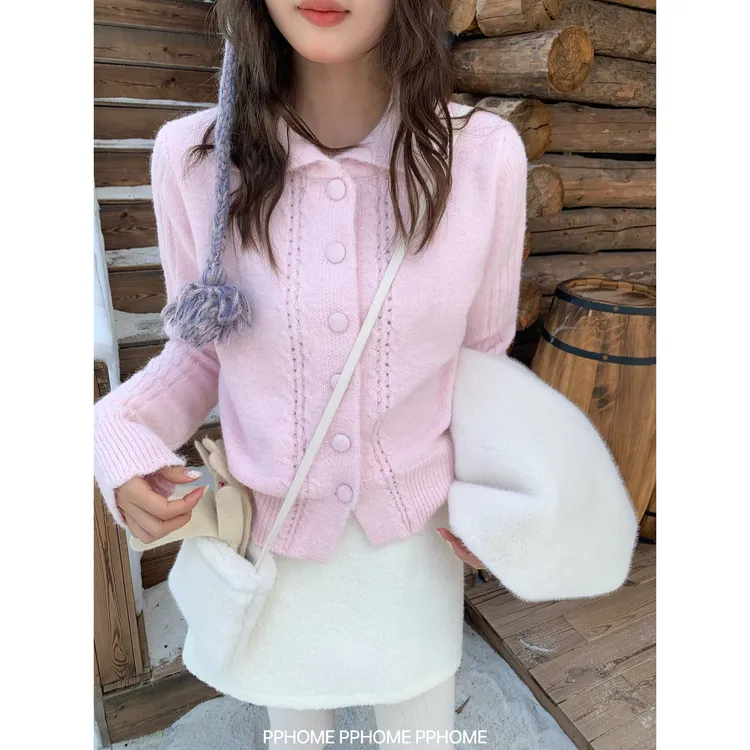 甜妹驾到 正肩翻领外套女秋冬宽松慵懒风针织开衫上衣