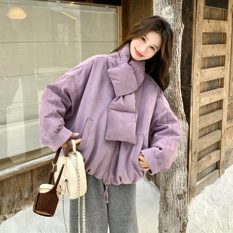 紫色围脖超好看减龄90白鸭绒外套女2025冬季小个子休闲短款羽绒服