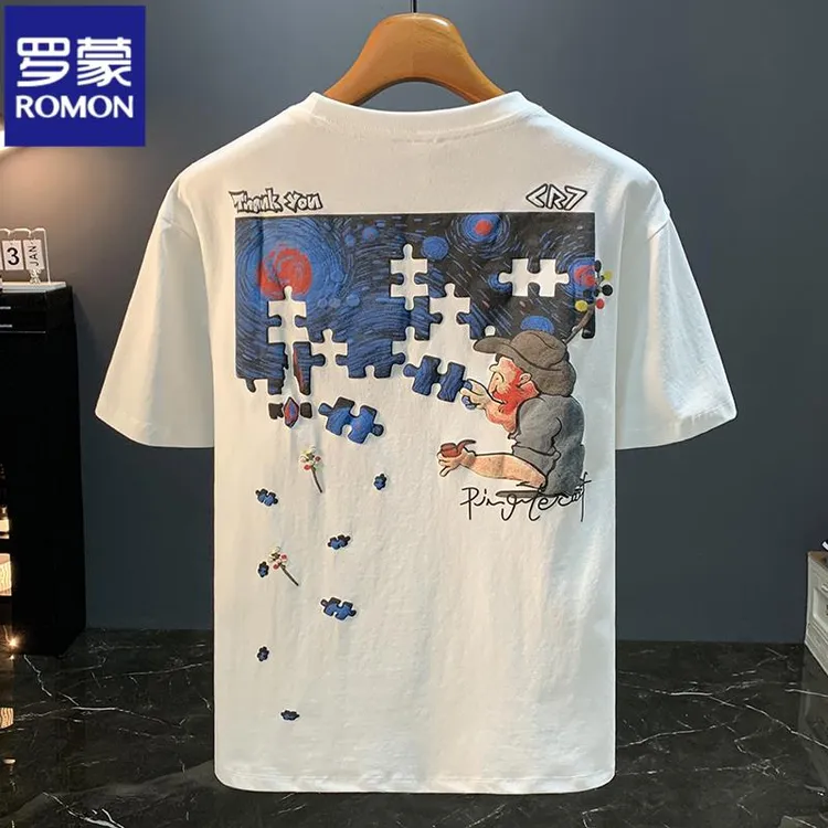 罗蒙高级感印花短袖T恤男夏季薄款潮流舒适上衣圆领卡通t恤衫男GD