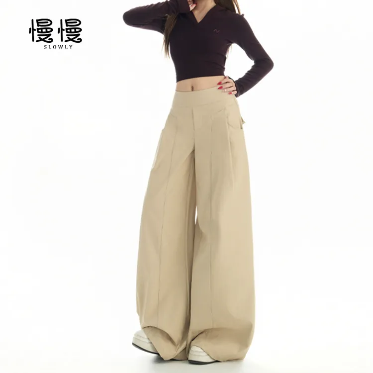 新款慵懒风设计卡其色休闲裤女早秋高腰显瘦宽松阔腿裤拖地长裤