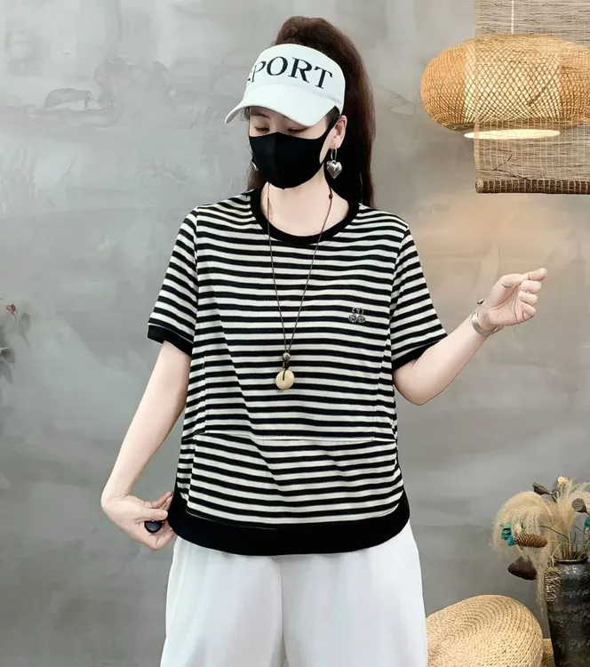 2453小天鹅亮钻条纹短袖大码显瘦百搭宽松圆领夏季女士休闲T恤