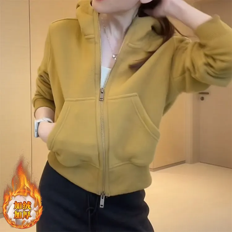 纯色双拉链开衫连帽卫衣外套女秋冬2026新款爆款时尚洋气短款上衣