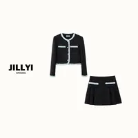 JILLYI【北国雪夜】蓝灰拼色圆领外套+灰蓝拼色百褶半裙套装