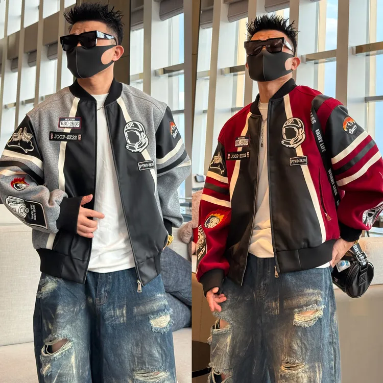 金先生美式重工刺绣潮流时尚宽松机车风拼接撞色夹克棒球服外套