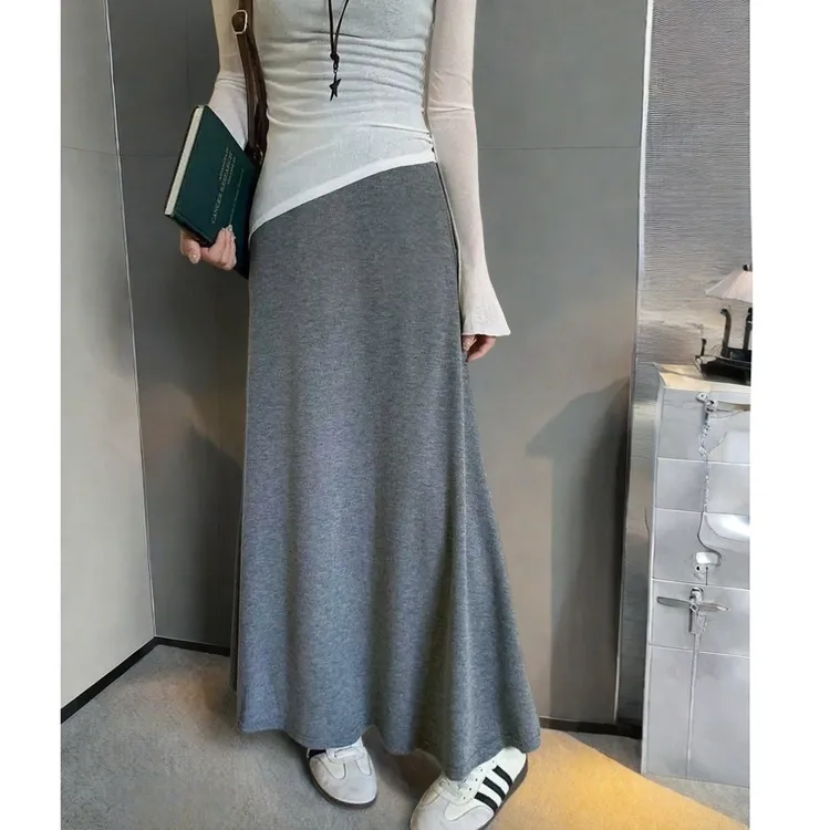 灰色A字半身裙中长款女2025夏高腰垂感宽松百搭软糯休闲简约长裙