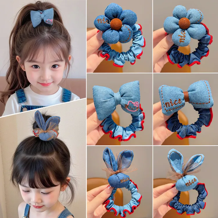 牛仔蓝复古儿童小肠发圈立体花朵兔子小女孩发绳扎高马尾女童头绳