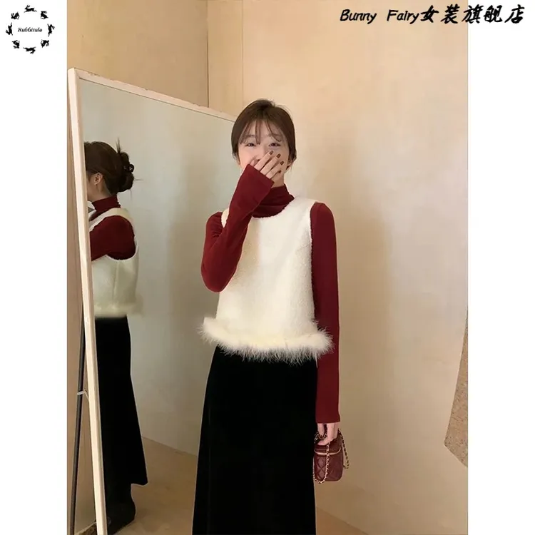 韩系高级感小香风马甲上衣女春秋冬打底衫叠穿无袖毛绒绒坎肩背心